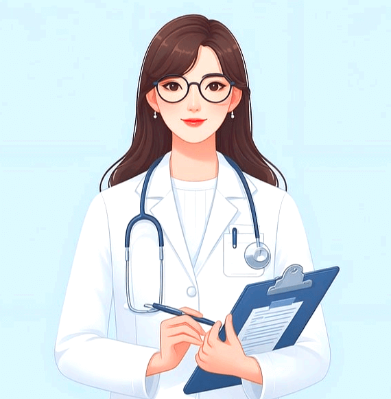 긴머리 여성이 검정 안경을 쓰고 정면을 바라본다. 하얀 의사 가운을 입은 여의사로 얼굴도 예쁘다.