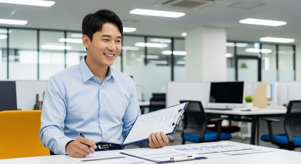 체크리스트를 들고 미소 짓는 한국인 남성
