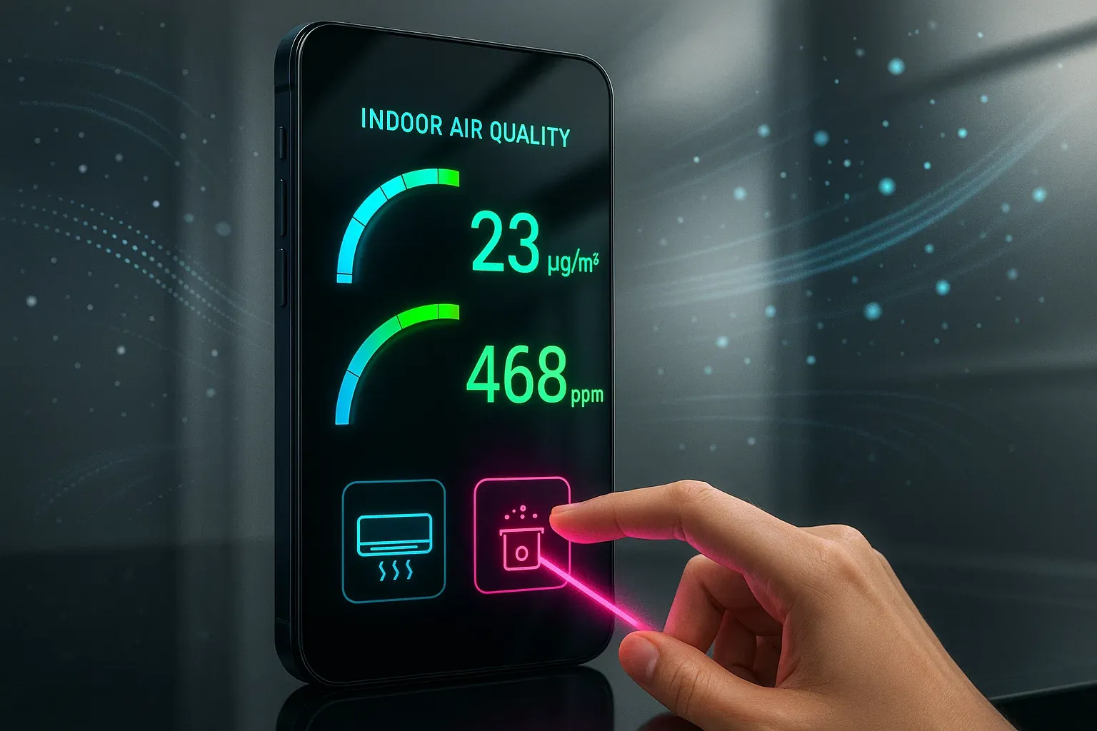 실내 공기질을 스마트폰으로 확인하며 공기청정 기능을 활성화하는 모습
