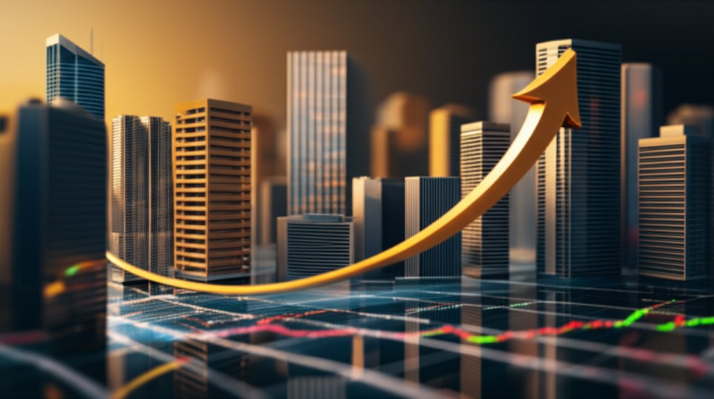 2026년 코스피 갭상승 반등을 나타내는 금융 거리 미니어처 디오라마 스타일, 틸트시프트 효과