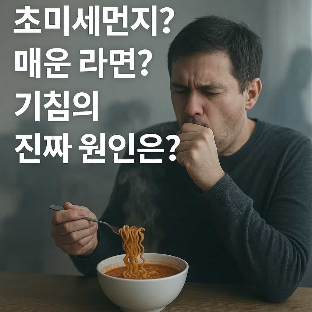 미세먼지 많은 주방에서 라면을 먹다 기침하는 남성 이미지