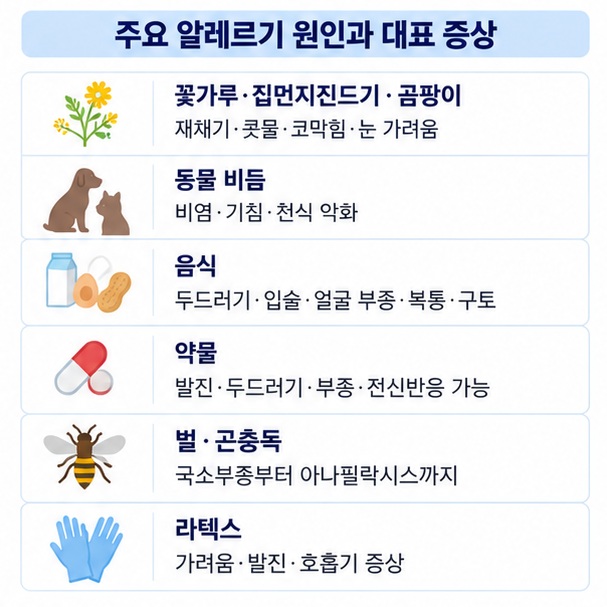 꽃가루 집먼지진드기 곰팡이 동물 비듬 음식 약물 곤충독 라텍스의 노출 형태와 대표 알레르기 증상을 비교한 표