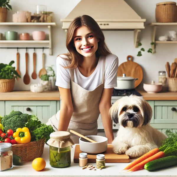 밝은 주방에서 반려견을 위한 자연식 면역 건강 식단을 준비하는 젊은 여성의 초고해상도 사진