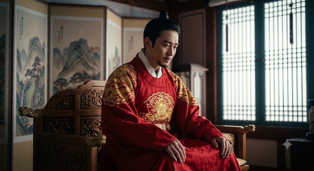 붉은 곤룡포를 입고 어좌에 앉아 근심하는 표정을 지은 조션 제20대 왕 경종의 초상화 ( AI로 제작)