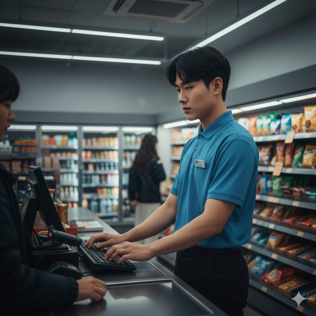 편의점 유니폼을 입은 남성 아르바이트생이 카운터에서 진지한 표정으로 포스기(POS) 키보드를 조작하며 계산 업무를 수행하고 있는 모습