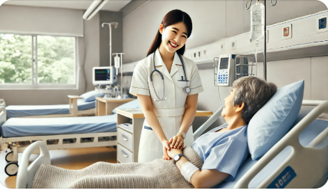 병실에서 환자와 대화 중인 간호조무사