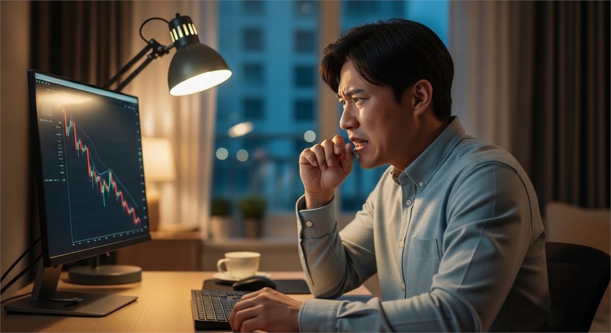 블록딜 소식에 주가 변동을 확인하는 투자자의 모습