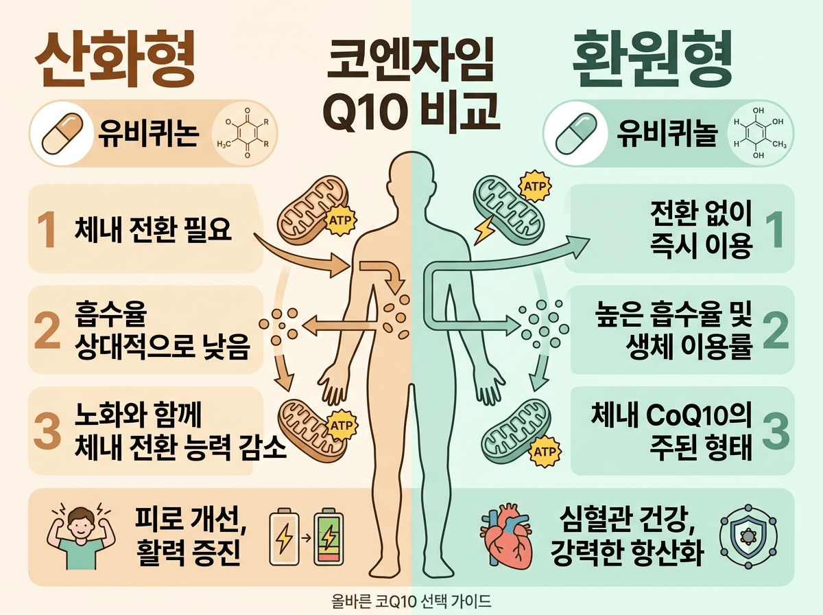코엔자임Q10 관련 산화형 유비퀴논과 환원형 유비퀴놀 비교 일러스트