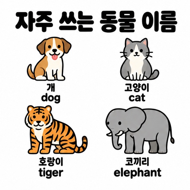 개 dog, 고양이 cat, 호랑이 tiger, 코끼리 elephant를 그림과 함께 짝지은 동물 이름 학습 이미지