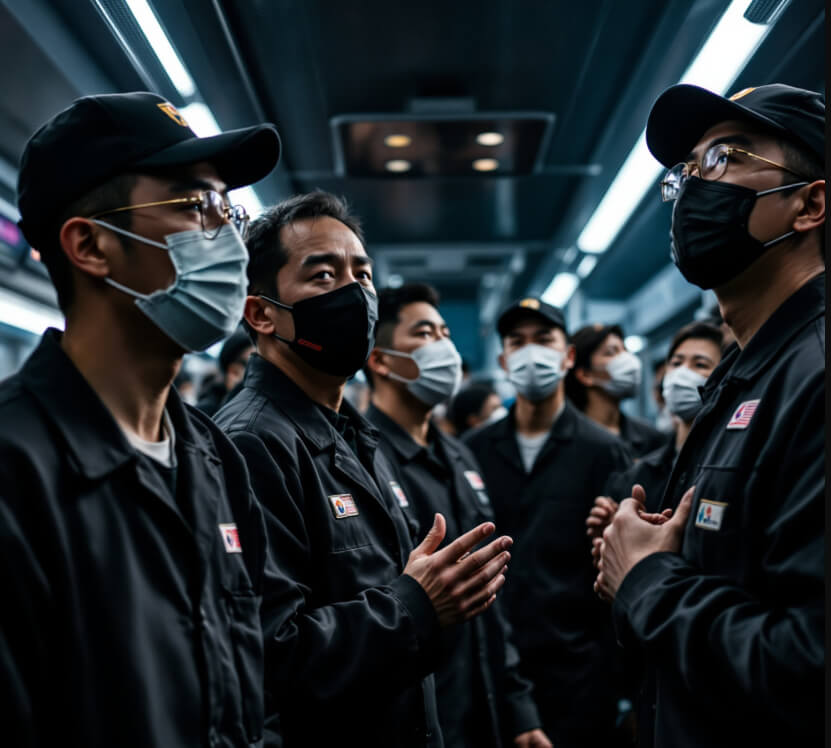 지하철 내부에서 검은 작업복과 모자를 착용한 직원들이 마스크를 쓴 채로 서로 이야기를 나누는 모습. 집중된 표정과 진지한 분위기가 파업 상황에 대비하는 모습을 보여준다