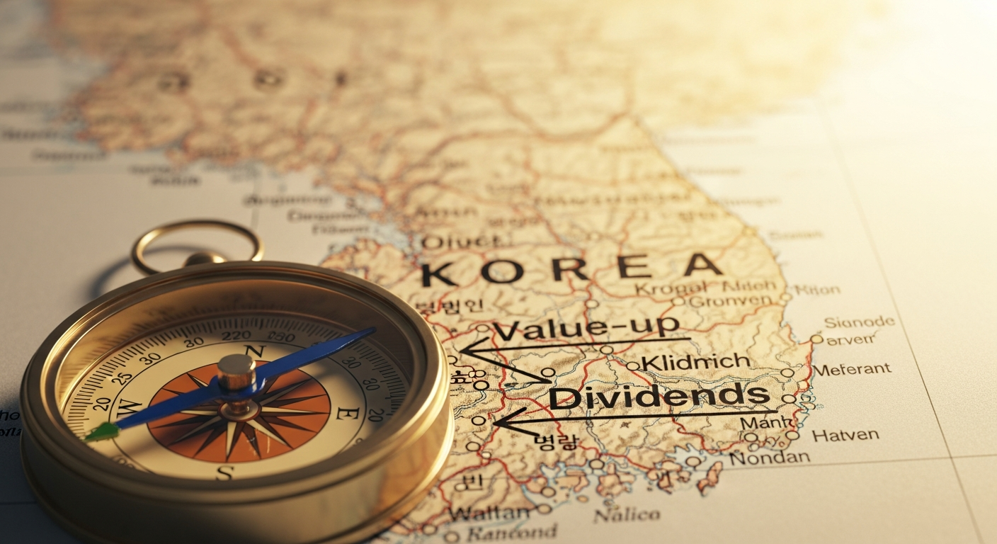 한국 지도 위에 놓인 나침반, 바늘이 '밸류업'과 '배당'을 가리키고 있음. 황금빛 조명, 피사계 심도, 부의 방향에 초점.