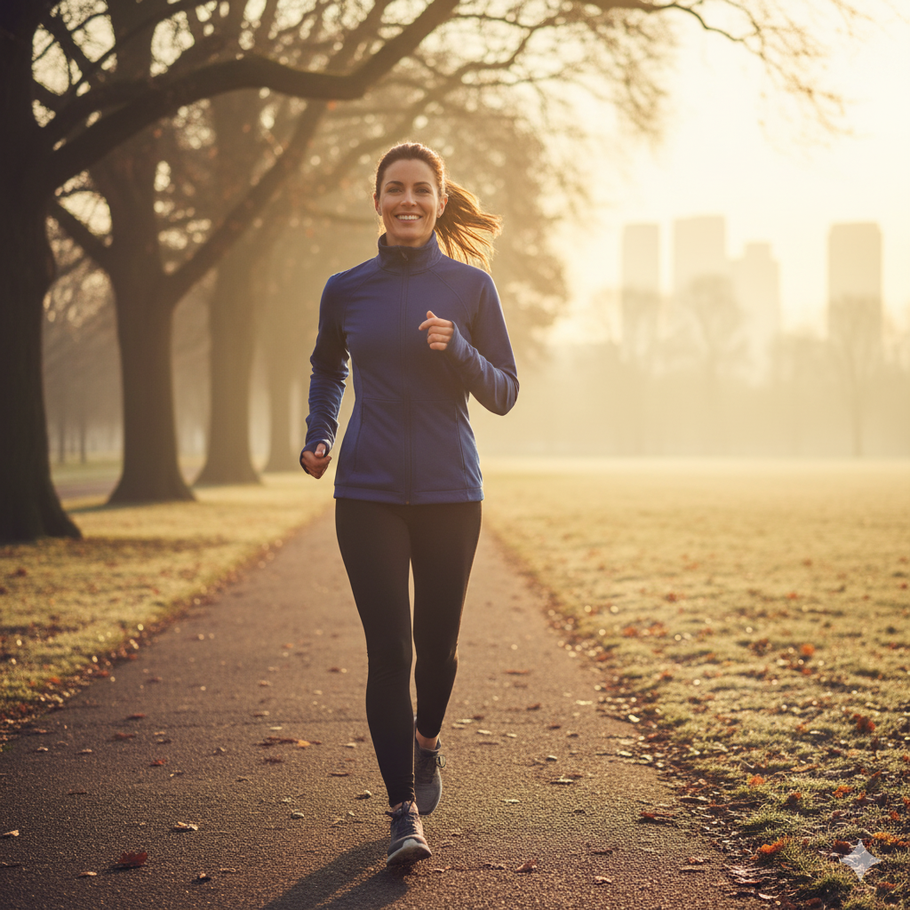 새해 첫날 조깅을 시작하는 지적인 여성