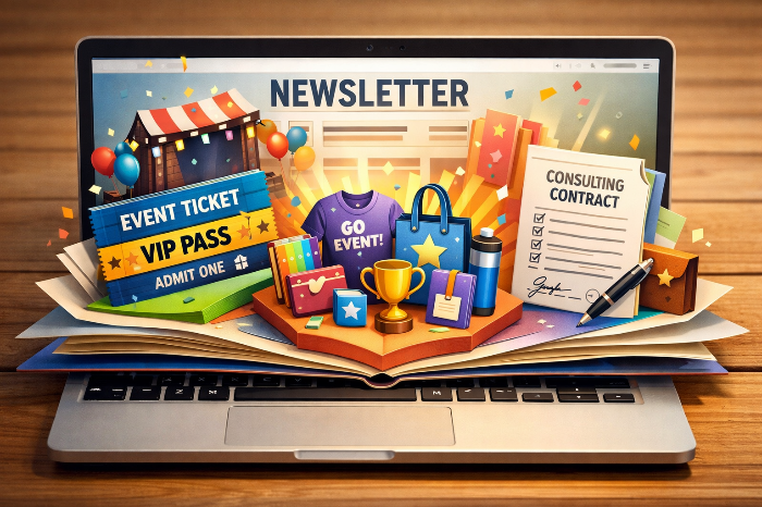 뉴스레터에서 파생되는 다양한 수익 모델들을 담은 팝업북 그래픽