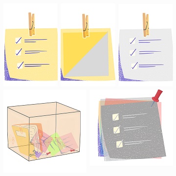 노란색, 파란색, 회색 포스트잇 이미지가 위쪽에 걸려 있고,
아래쪽에는 투명한 아크릴 박스 안에 다양한 포스트잇이 무더기로 보관되어 있으며,
오른쪽에는 검은색의 완성된 문서형 포스트잇들이 핀으로 고정되어 있는 모습이 그려져 있다.
각각의 포스트잇은 진행 중, 작성 중, 보관된, 발행된 콘텐츠 상태를 시각적으로 상징하며
블로그 위젯의 흐름과 구성 단계를 표현한 구조 설계도이다.