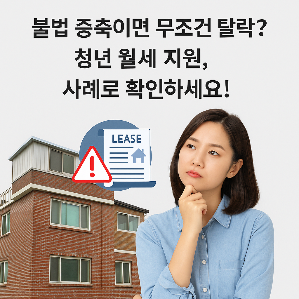 불법 증축된 건물에 거주하는 청년이 실제 월세 지원 서류를 준비하는 장면을 표현한 이미지