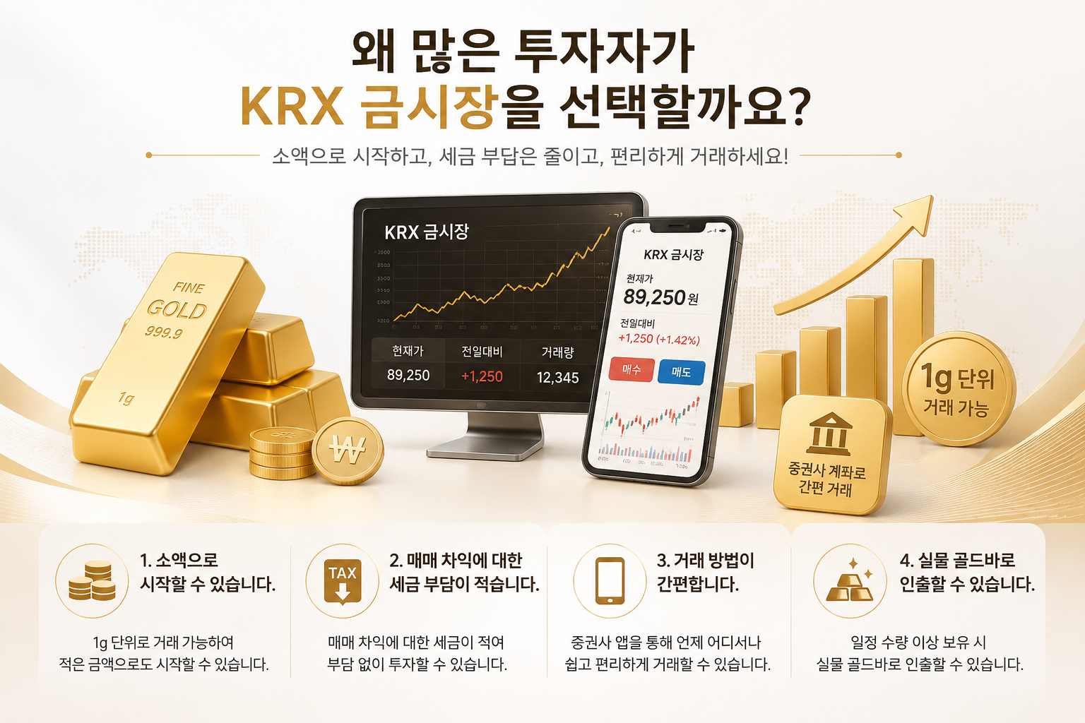 KRX 금시장의 장점인 소액 투자, 세금 부담 감소, 간편한 거래, 실물 골드바 인출을 설명하는 이미지