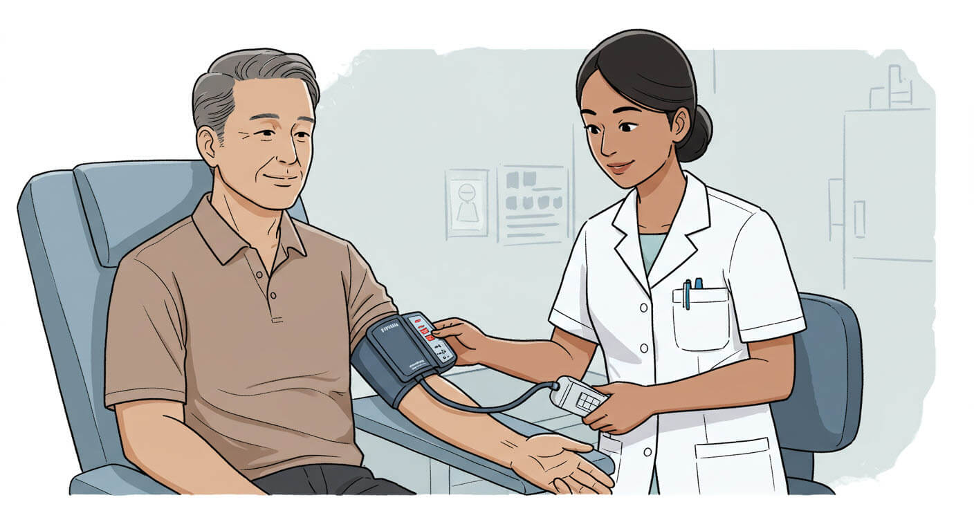 간호원이 중년의 남자의 혈압을 재는 모습