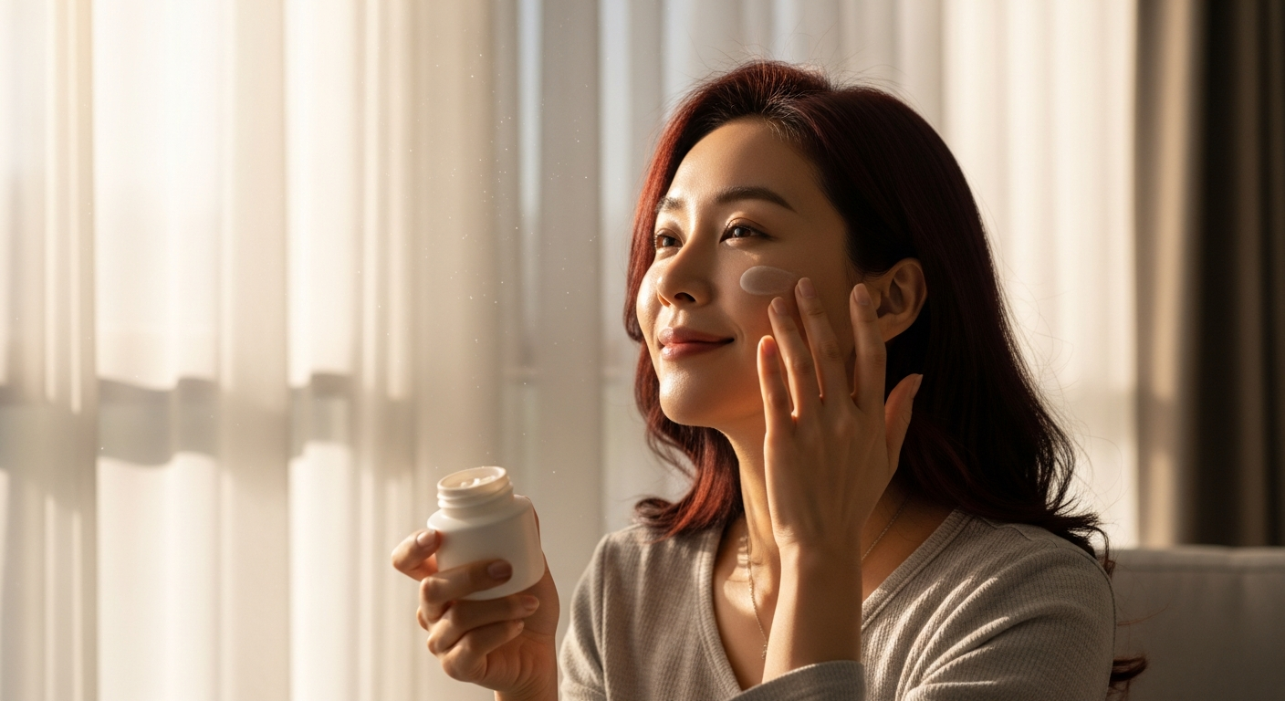 따가운 햇살 아래서도 안심하고 바쿠치올 세럼을 바르는 여성, 아침 스킨케어 루틴 모습