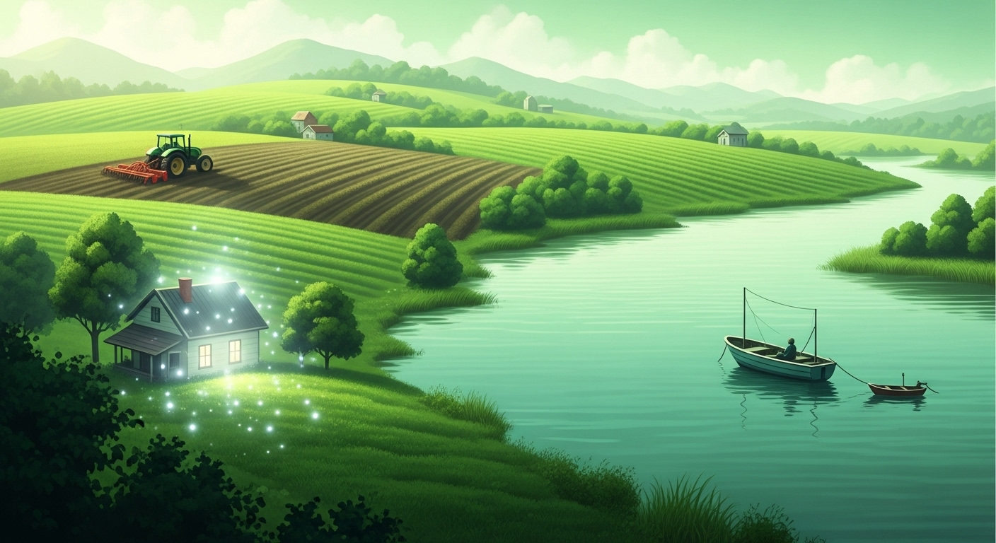 평화로운 농어촌 풍경에 안정적인 주택과 비옥한 농지, 잔잔한 바다가 어우러져 농어촌 기본 소득으로 인한 주민들의 삶의 안정과 지역 발전을 상징합니다.