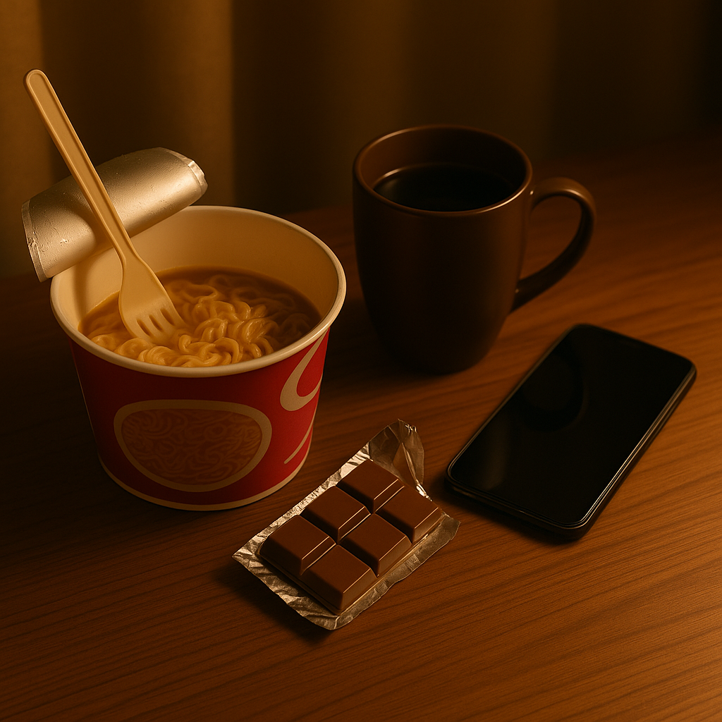 나무 테이블 위에 놓인 감자튀김, 초콜릿, 인스턴트 라면, 음료가 조명을 받은 야경 배경과 함께 구성된 장면