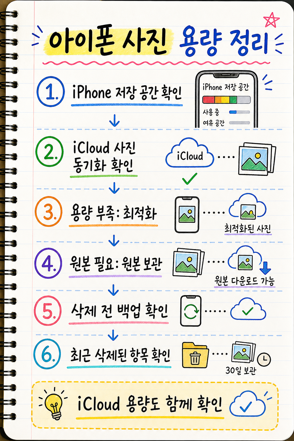 아이폰 사진 용량 정리 순서를 손글씨 노트로 요약한 인포그래픽