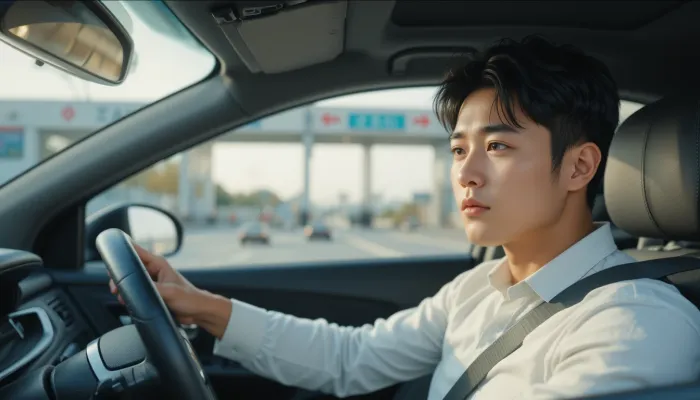차량 안에서 톨게이트를 지나며 고개를 끄덕이는 남성