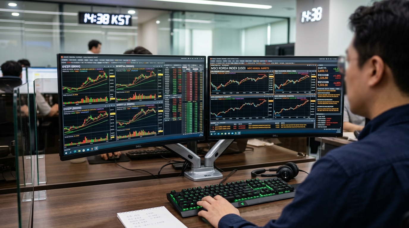 주식 거래 데이터와 MSCI 인덱스 차트가 빼곡하게 띄워진 증권사 트레이딩 룸의 듀얼 모니터 화면 전경