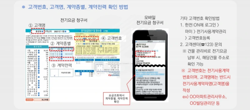 소상공인 냉난방기 지원사업- 고객번호, 고객명, 계약종별, 계약전력 확인 방법