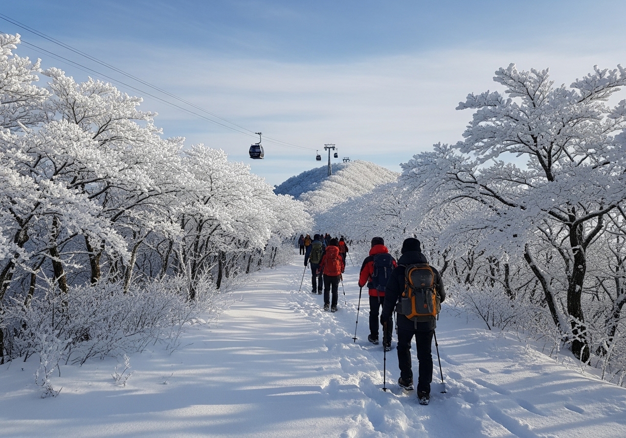 무주 덕유산 향적봉으로 향하는 눈 덮인 길과 상고대