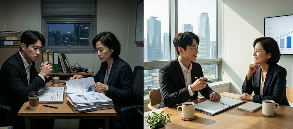 사무실에서 심각하게 회의를 하는 상사와 부하직원과 사무실에서 웃으며 회의를 하는 상사와 부하직원