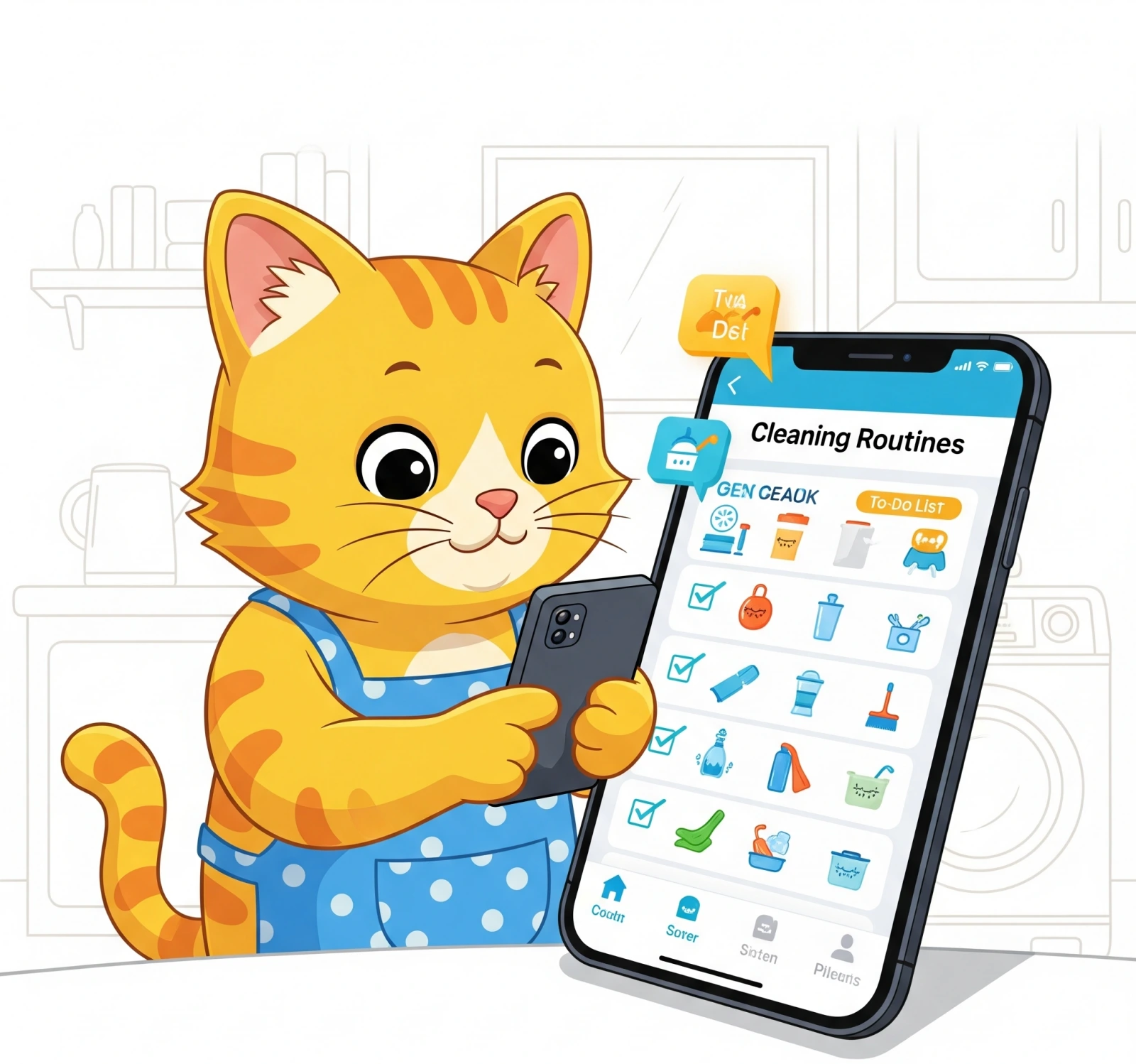 Illustration of a cat planning its cleaning routine with a smartphone app