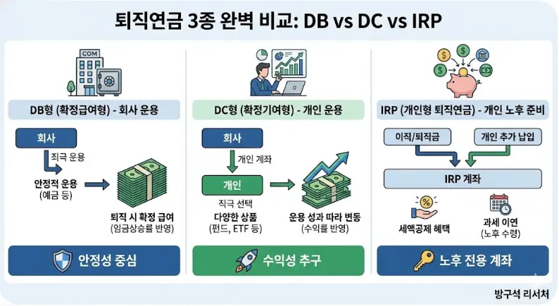 퇴직연금 3종 완벽 정리
DC형, DB형, IRP형