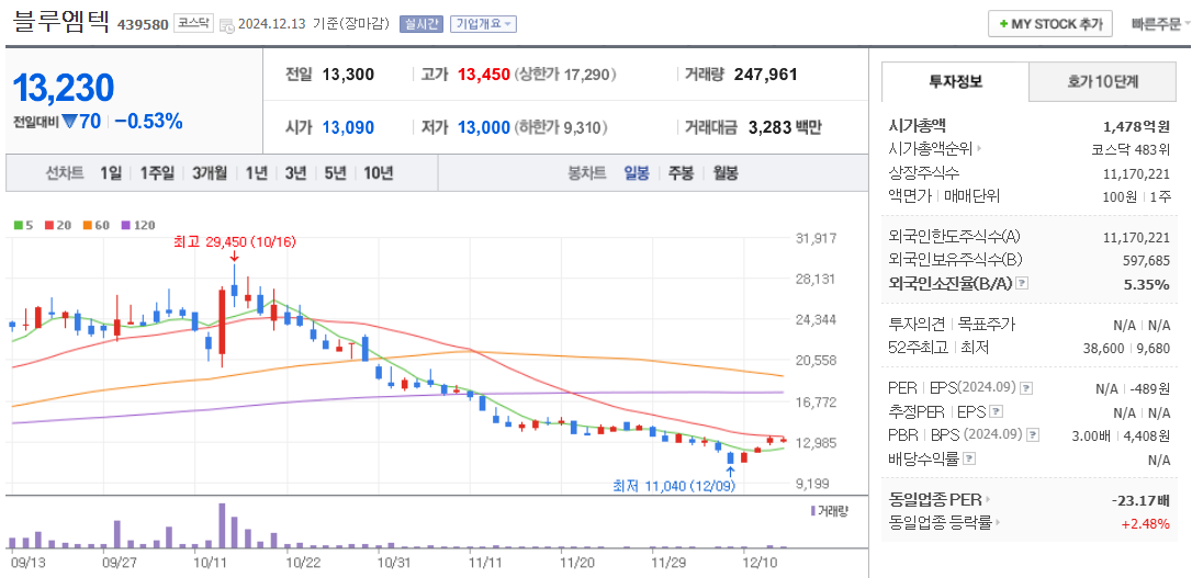 비만치료제 관련주 블루엠텍 주가 차트