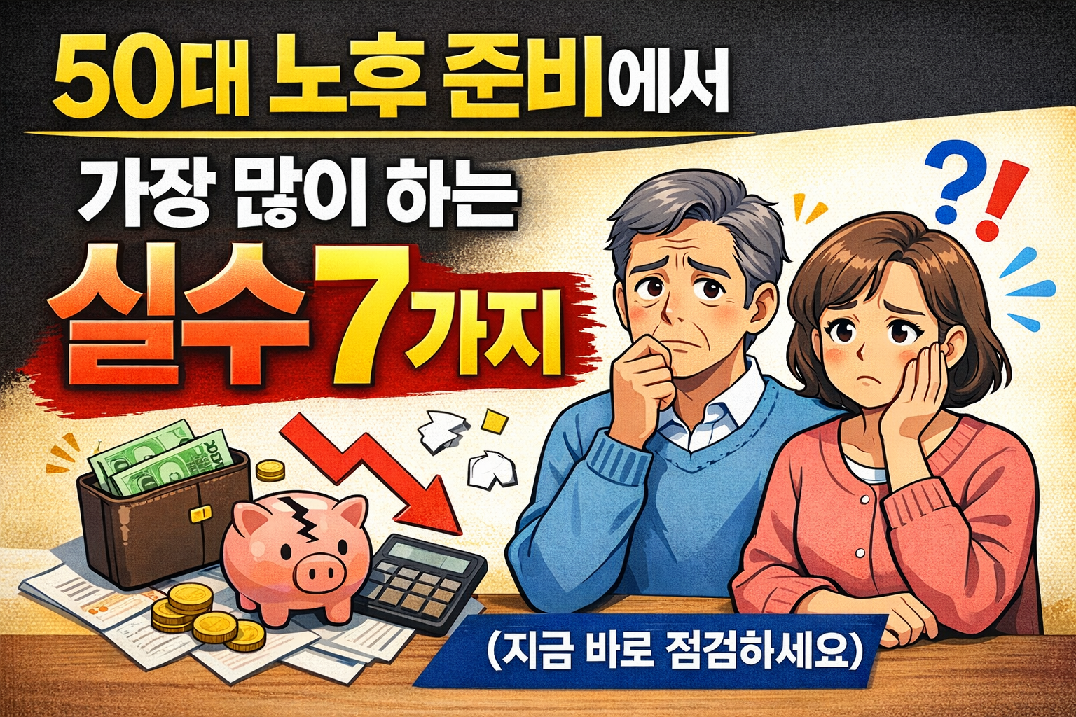 중년 부부에게 50대 노후 준비에서 가장 많이 하는 실수 7가지를 정리해서 알려주고 있다.