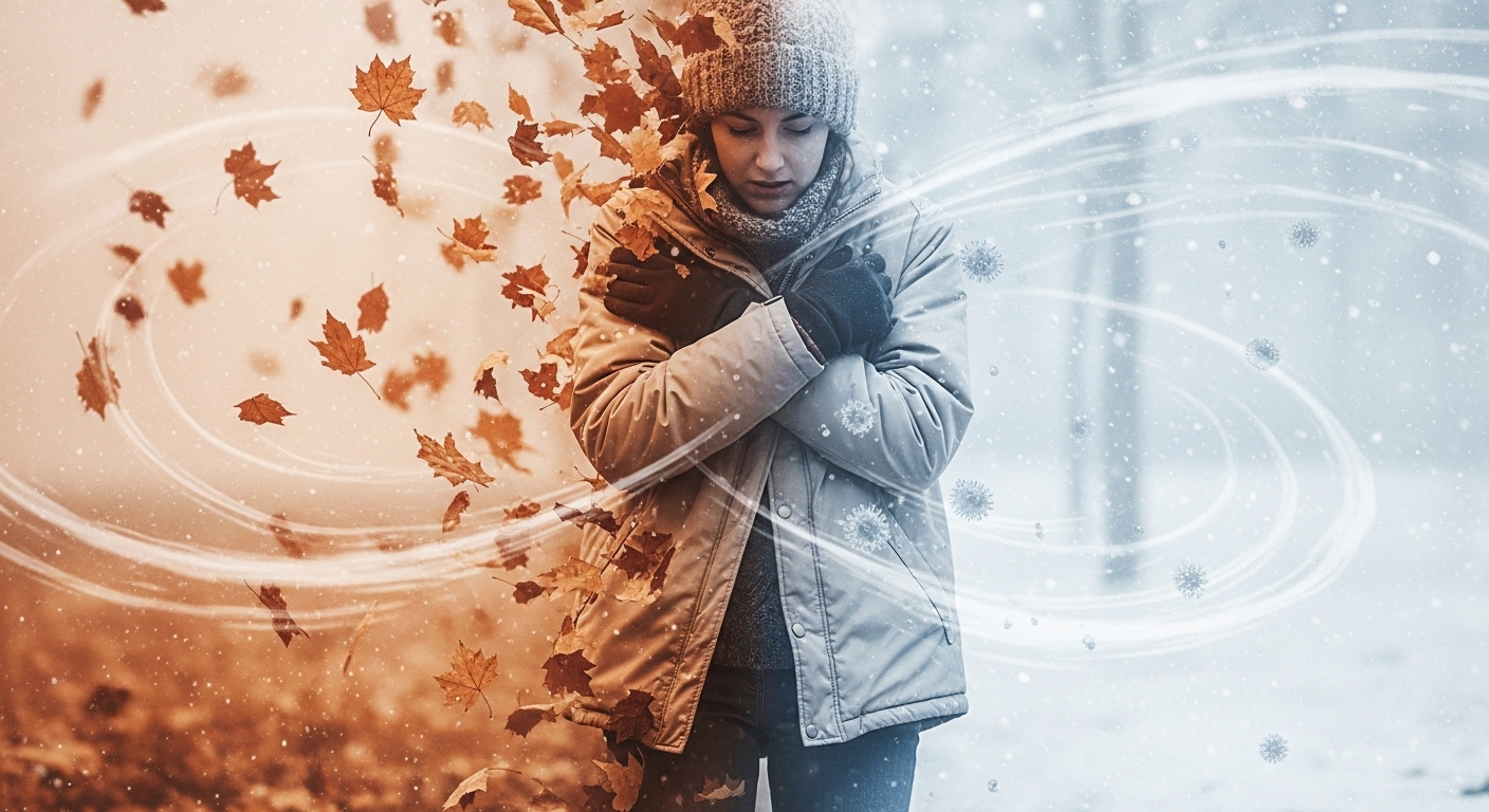 환절기 기온 변화와 건조한 환경으로 인해 면역력이 약해지는 모습을 상징하는 이미지