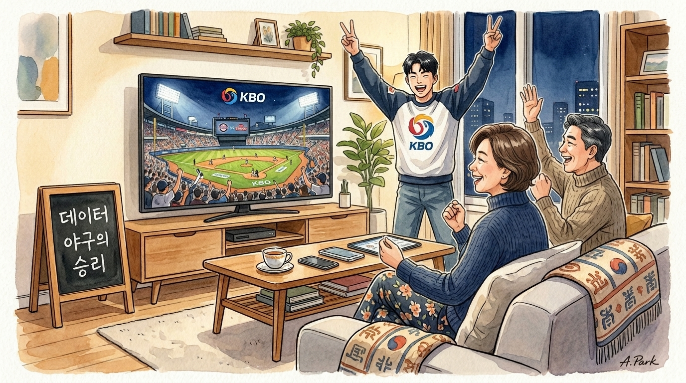 중년여성이 가족과 거실에서 야구 경기를 지켜보며 거실 데이블위에 있는 태블릿pc에서 실시간 지표를 분석하며 가족에게 훈수를 두면서 응원하는 모습.