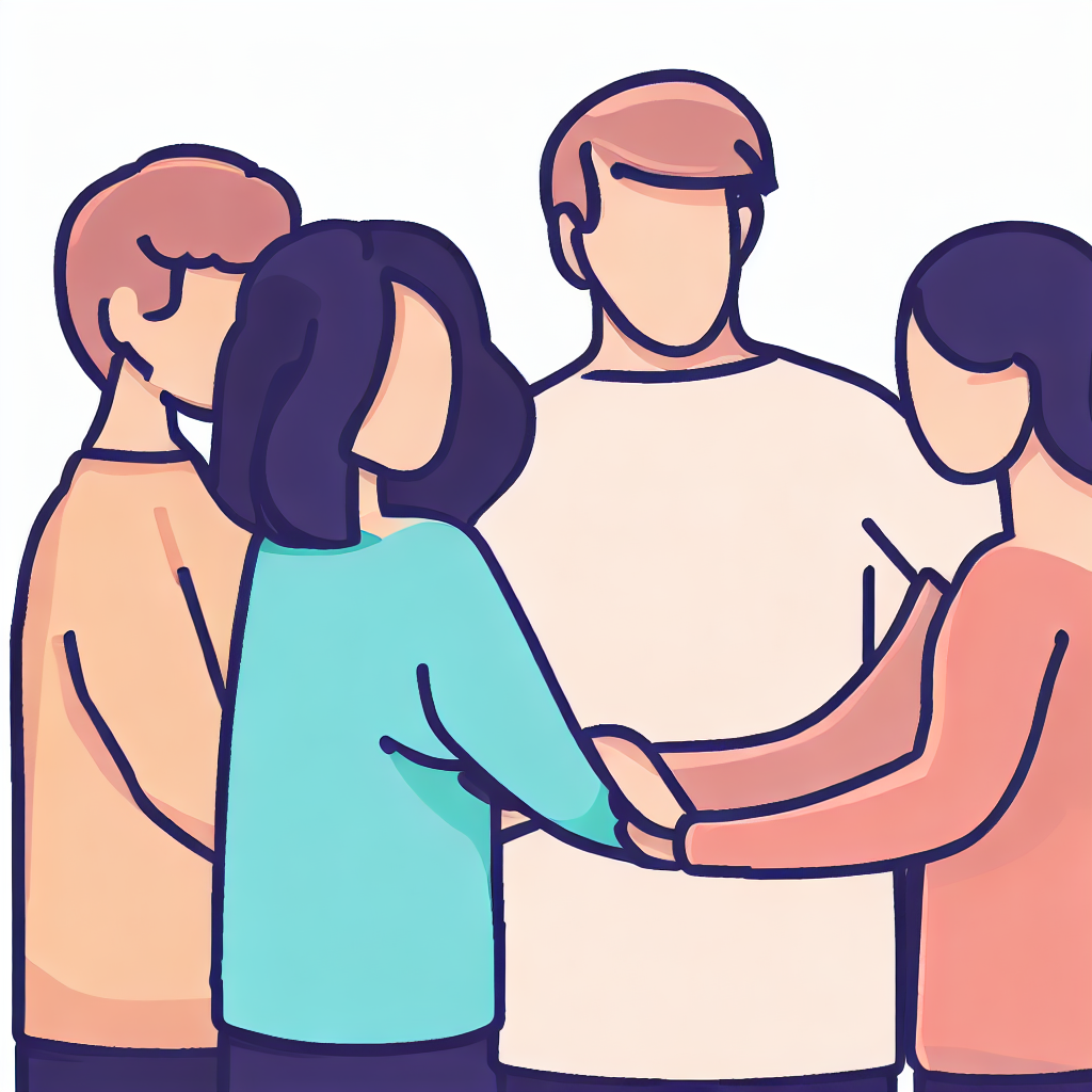 A group of people engaged in conversation, offering support and encouragement to one another. They are shown with empathetic expressions and gestures, such as a hand on the shoulder or an arm around a friend, signifying their care and understanding.