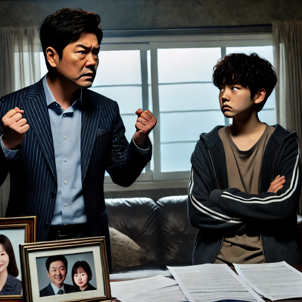 가족 갈등: 김영수 씨와 김민준 씨가 유산 문제로 심각한 갈등을 겪고 있는 모습을 표현.
