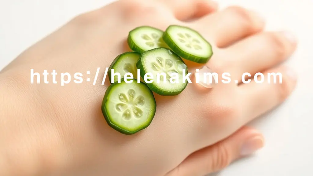 싱그러운 오이 슬라이스 여러 조각이 촉촉하게 손등에 놓여 있는 이미지.