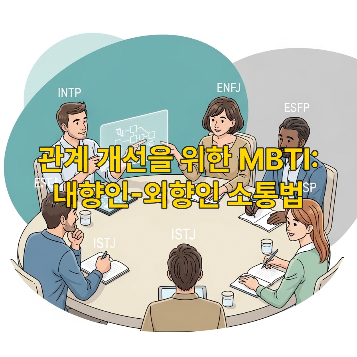 다양한 MBTI 성격 유형을 가진 사람들이 차분하고 건설적인 대화를 나누는 모습. 서로를 이해하고 존중하며 갈등을 해결하는 협력적인 분위기를 묘사한 이미지.