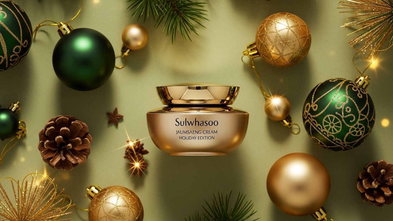 설화수 자음생크림 홀리데이 에디션이 특징인 고급스럽고 축제적인 플랫 레이 구성입니다.
