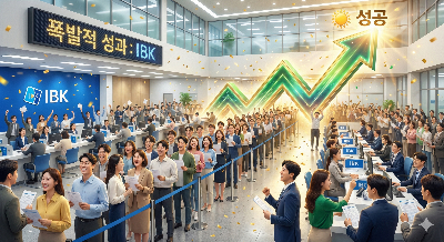 수많은 사람이 은행 창구 앞에 줄을 서 있는 활기찬 모습이나, 그래프가 급격하게 우상향하는 이미지를 통해 폭발적인 성과와 성공을 시각화. 밝고 희망찬 분위기