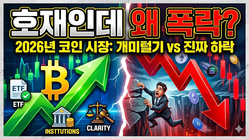 "2026년 코인 시장 분석 썸네일: '호재인데 왜 폭락? 2026년 코인 시장: 개미털기 vs 진짜 하락'이라는 대형 텍스트 문구. 왼쪽은 초록색 상승 화살표와 비트코인 로고, ETF, 기관투자, 규제 명확성 아이콘이 배치된 호재 구역이며, 오른쪽은 빨간색 급락 화살표와 함께 절벽에 매달려 절규하는 개인 투자자의 모습과 이더리움, 솔라나 코인이 떨어지는 하락 구역으로 나뉘어 시장의 극단적인 대비를 표현한 이미지"