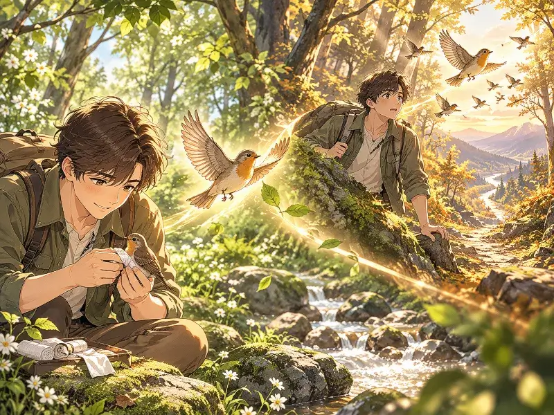 A person heals an injured bird in the forest, and later a flock of birds guides the same person after they become lost, symbolizing gratitude and repaying kindness