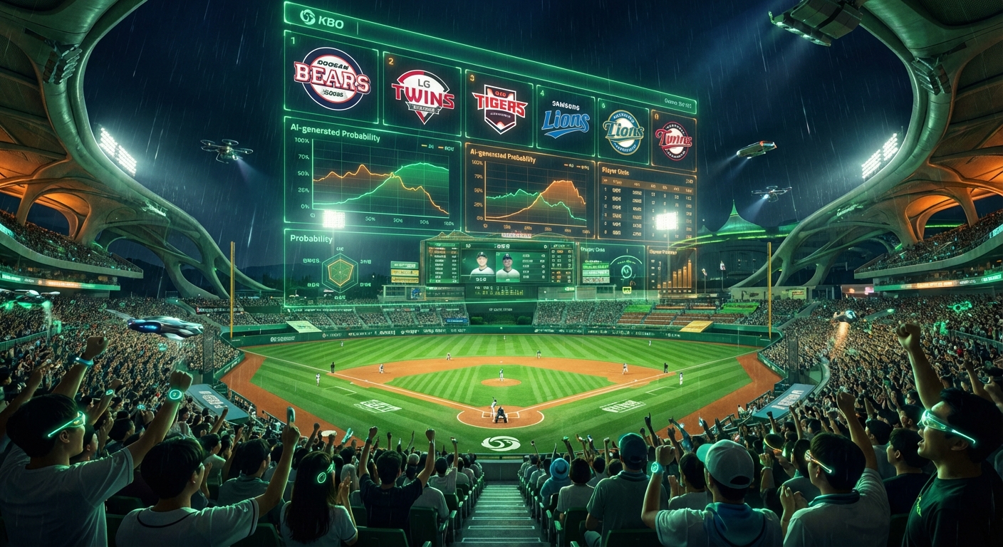 인공지능이 예측한 2026 KBO 리그 순위와 우승 확률을 보여주는 미래적인 야구장 홀로그램.