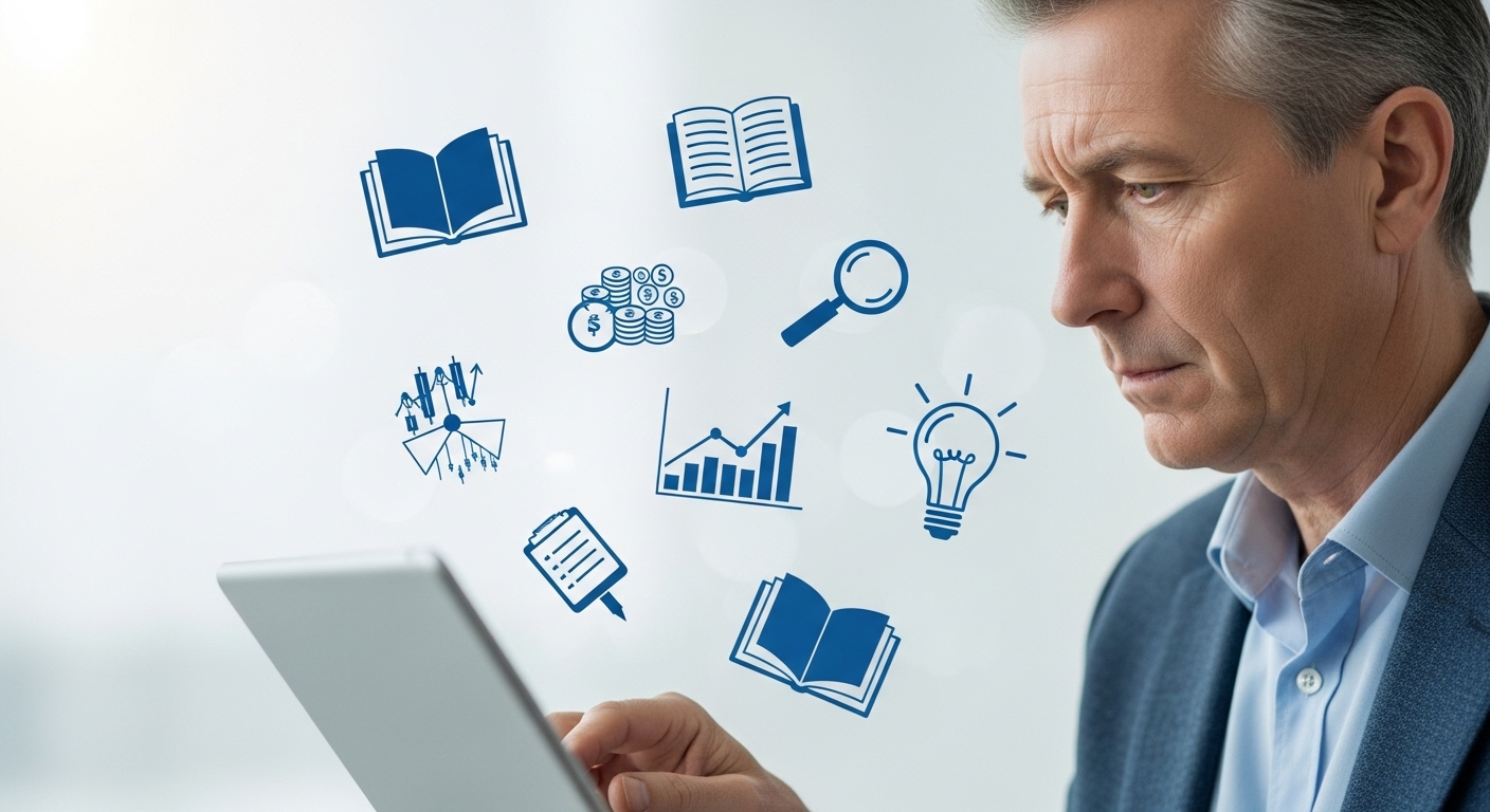 50대 이상 남성이 태블릿으로 투자 정보를 학습하는 모습. 책, 차트, 돋보기, 전구 아이콘이 주변에 떠 있어 지식 습득을 상징한다.