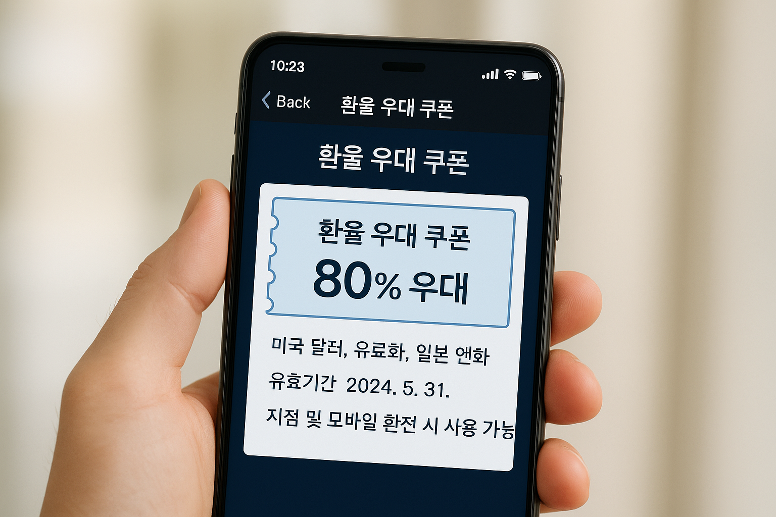 환율 우대 쿠폰을 확인하는 모바일 은행 앱 화면