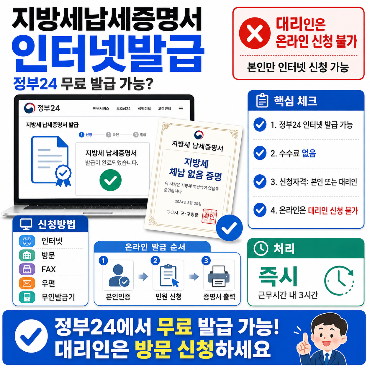 지방세납세증명서 인터넷발급, 정부24 무료 발급 가능? 대리인은 온라인 신청 불가