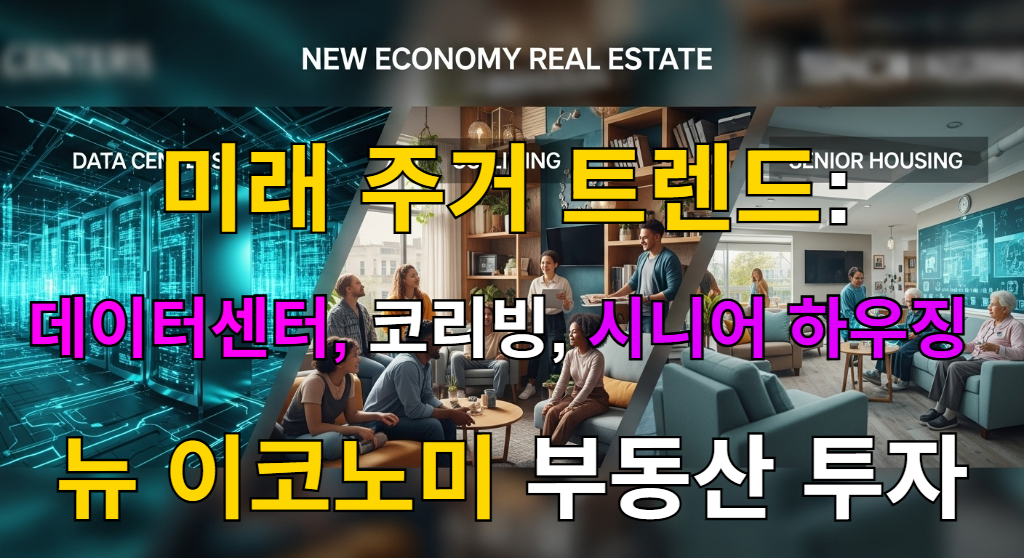 데이터센터, 코리빙, 시니어 하우징을 상징하는 세 개의 그래픽이 결합된 뉴 이코노미 부동산 대표 이미지.