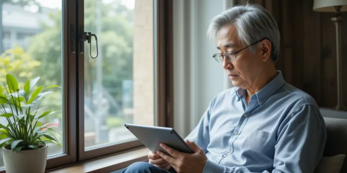 태블릿으로 실버타운 입주조건을 확인하는 남성